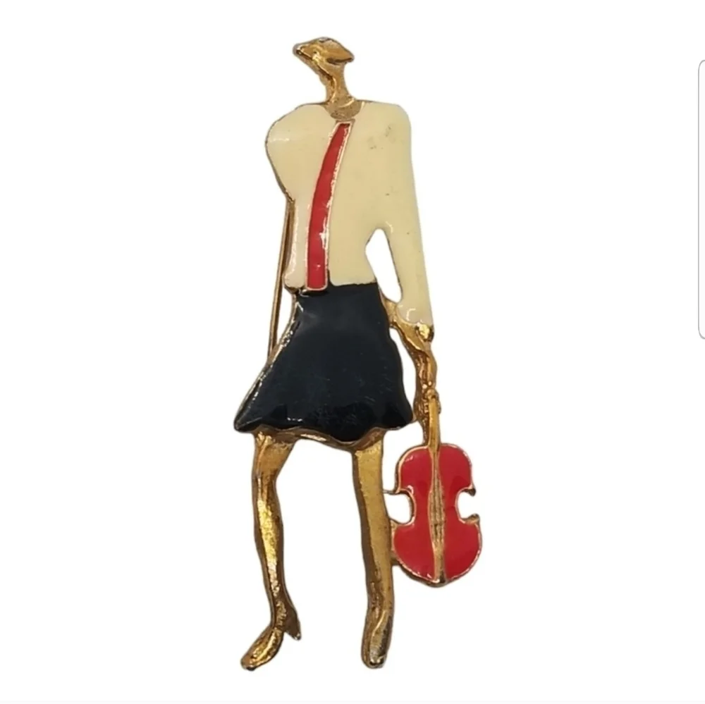 VINTAGE 80S MODERNIST FASHIONABLE VIOLINIST LARGE BROOCH